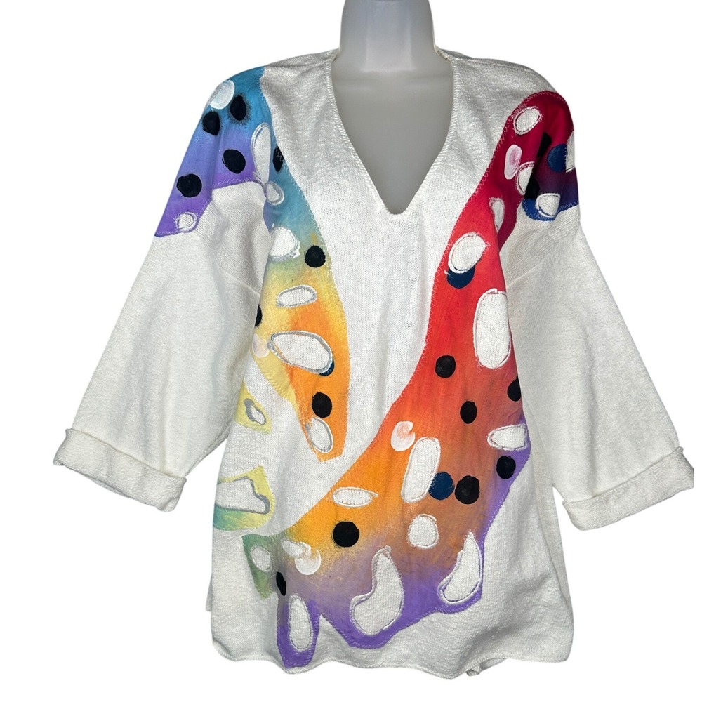 Mz. Cotton Vintage Sweater Women XXL White Rainbow Art to Wear Knit USA Made 90s